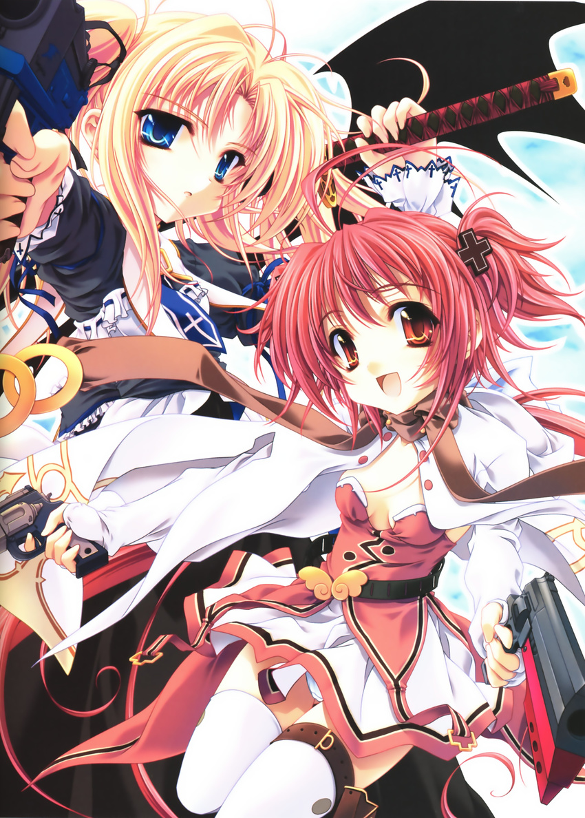 absurdres antenna_hair belt blonde_hair blue_eyes breasts cape cleavage cross crossover dual_wielding fingerless_gloves flat_chest frills gloves gun hair_ornament highres holding kanojo_tachi_no_ryuugi long_hair miyama-zero momose_hikaru multiple_girls necktie panties pantyshot peace@pieces red_eyes red_hair scarf shirogane_tobari short_twintails skirt sky small_breasts sword thigh_strap thighhighs twintails underwear very_long_hair weapon white_legwear