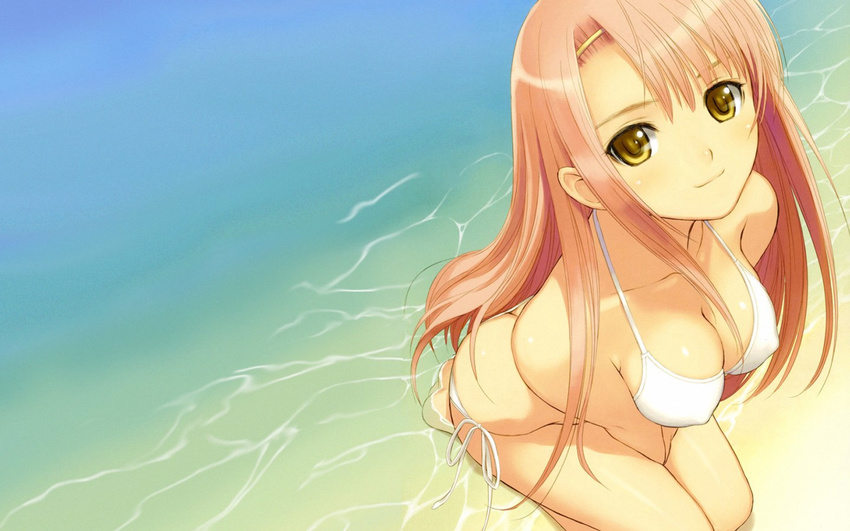 1440x900 beach bikini breasts cleavage erect_nipples hayate_no_gotoku! katsura_hinagiku long_hair swimsuit taka_tony tanaka_takayuki wallpaper water yellow_eyes