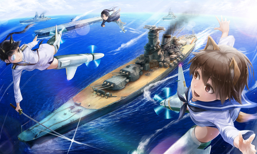 aircraft_carrier animal_ears battleship black_eyes black_hair brown_eyes brown_hair condensation_trail day dog_ears dog_tail eyepatch flying hattori_shizuka highres katana lif military military_uniform military_vehicle miyafuji_yoshika multiple_girls ocean ponytail sakamoto_mio school_swimsuit ship strike_witches striker_unit swimsuit sword tail uniform warship watercraft weapon world_witches_series yellow_eyes