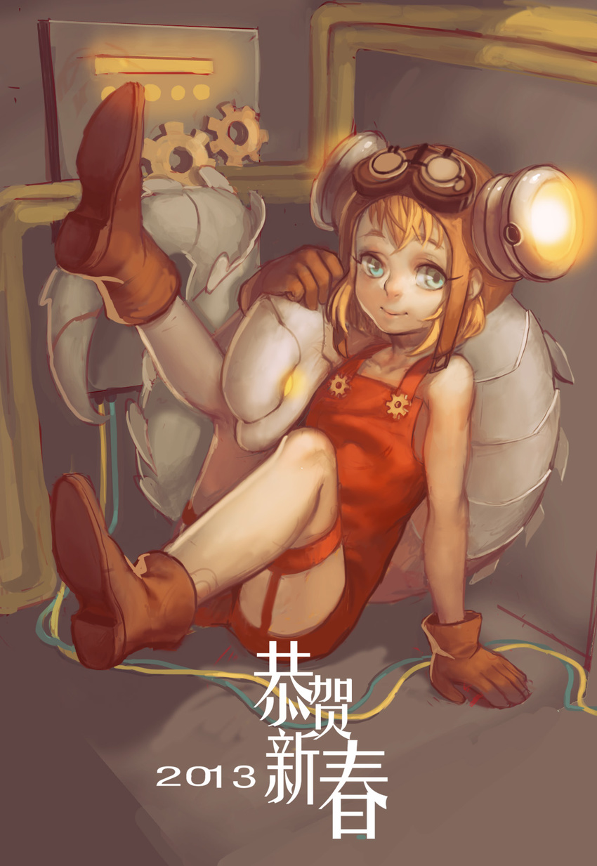 blonde_hair blue_eyes flashlight garter_straps highres orange_hair original overalls sgyqanna smile snake solo