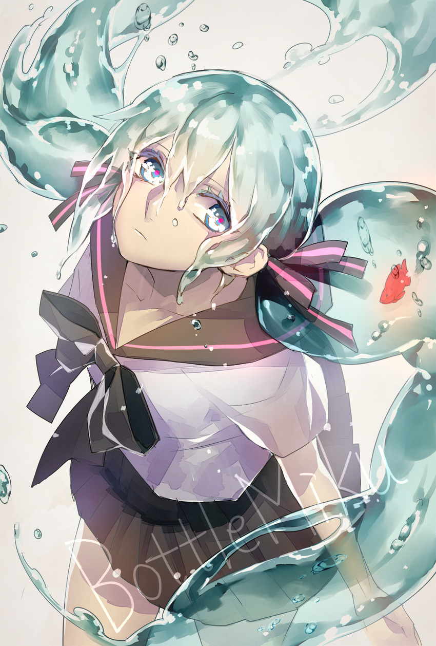 bad_id bad_pixiv_id bottle_miku character_name fish green_hair hatsune_miku highres kazari_tayu liquid_hair long_hair school_uniform serafuku simple_background skirt solo twintails very_long_hair vocaloid water