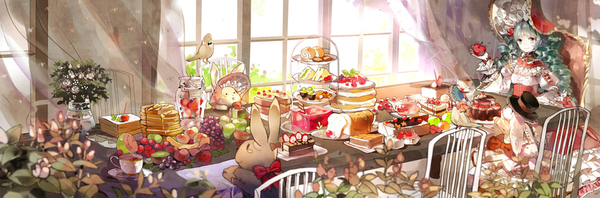 apple banana bird bonnet bunny cake chair cup curtains dress flower food fruit grapes green_eyes green_hair hat hatsune_miku highres indoors long_hair looking_at_viewer pancake pie sitting smile strawberry susu table tea teacup tiered_tray top_hat vocaloid window