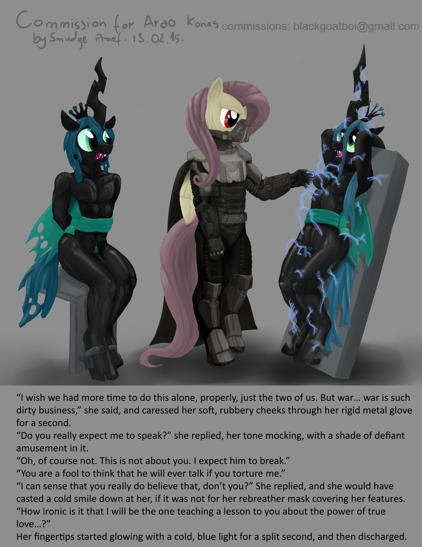 anthro anthrofied armor black_body breasts changeling clothed clothing commission crossgender crown electricity english_text equine female fluttershy_(mlp) friendship_is_magic fur green_eyes group hair horse interrogation male mammal my_little_pony pegasus pink_hair pony queen_chrysalis_(mlp) red_eyes smudge_proof star_wars teal_hair text torture wings yellow_fur