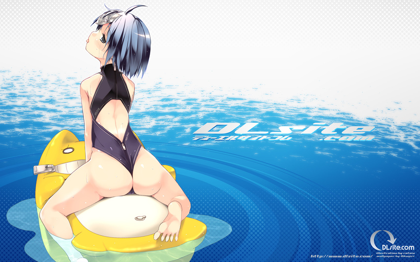 :p afloat ahoge ass back backless_outfit barefoot blue_eyes blue_hair blush casual_one-piece_swimsuit clothes_writing dlsite.com elle_sweet eyelashes feet from_behind gradient gradient_background halftone halftone_background halterneck head_tilt highleg highleg_swimsuit highres inflatable_toy looking_at_viewer looking_back one-piece_swimsuit one-piece_thong profile refeia riding ripples short_hair slender_waist soles solo spread_toes straddling swimsuit toes tongue tongue_out turtleneck wallpaper water watermark web_address wedgie wet widescreen zipper