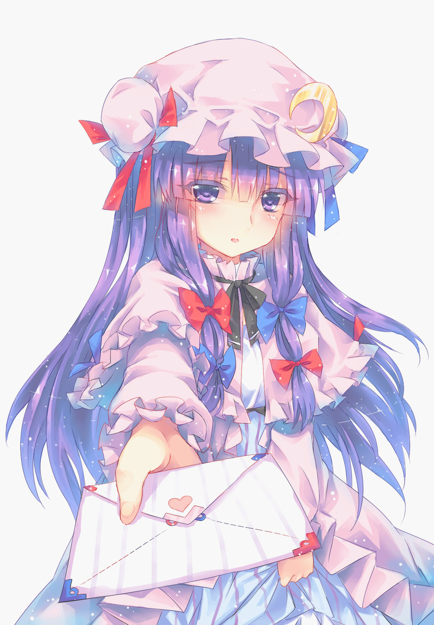 bow crescent hair_bow hat heart highres letter long_hair looking_at_viewer love_letter north_abyssor patchouli_knowledge purple_eyes purple_hair simple_background solo touhou