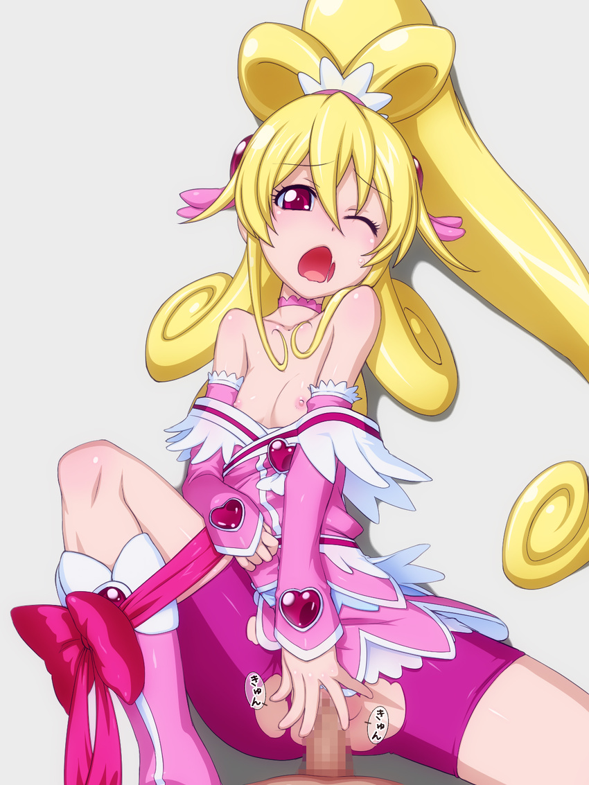 1girl aida_mana bdsm bike_shorts blonde_hair blush boots bow censored choker cure_heart dokidoki!_precure eyelashes flat_chest heart hetero highres long_hair magical_girl mosaic_censoring nipples one_eye_closed open_mouth penis pink_bow pink_eyes pink_footwear pink_sleeves ponytail precure sex simple_background sweatdrop takeda_yukimura top_pull torn_clothes vaginal white_background wince