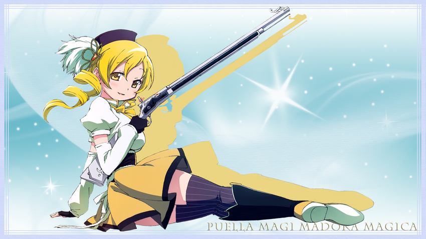 arm_support blonde_hair copyright_name detached_sleeves drill_hair gun hair_ornament highres magical_girl magical_musket mahou_shoujo_madoka_magica official_art smile solo taniguchi_jun'ichirou thighhighs tomoe_mami twin_drills twintails weapon yellow_eyes