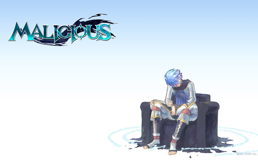 artist_request barefoot blue_eyes blue_hair cape chair detached_pants feet highres jewelry male_focus malicious solo toe_ring toeless_legwear valeria_(malicious) wallpaper white_background