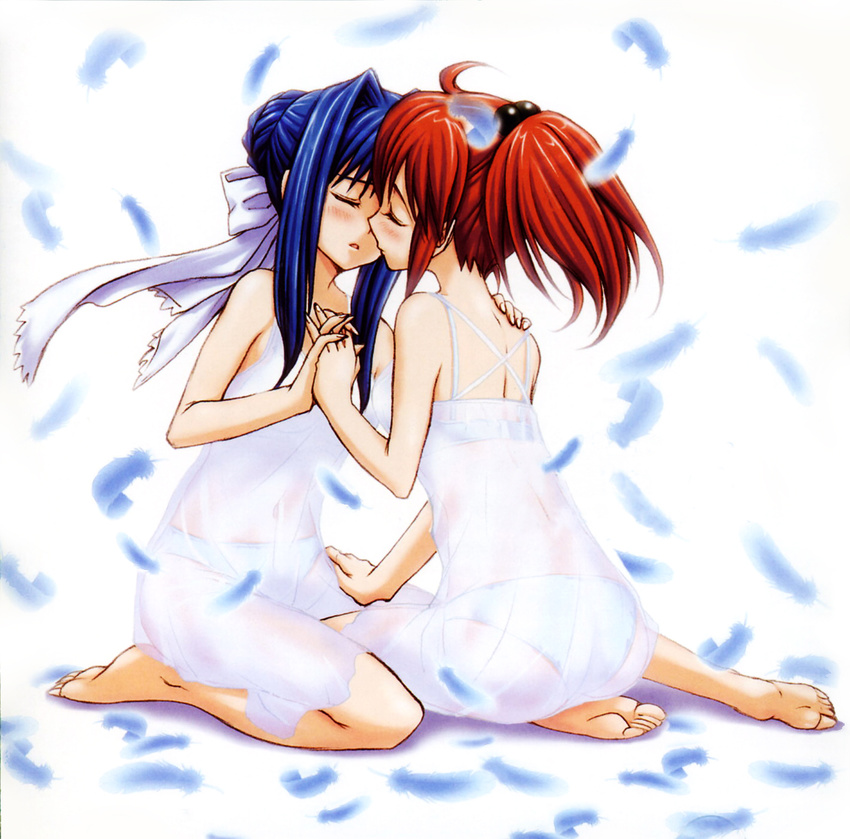 2girls aoi_nagisa barefoot blue_hair blush bra cover eyes_closed feathers hair_bobbles hair_ornament hair_up hand_holding hand_on_shoulder hand_on_thigh highres incipient_kiss lingerie maki_chitose multiple_girls official_art panties ponytail red_hair ribbon scan see-through sitting strawberry_panic! suzumi_tamao underwear yuri