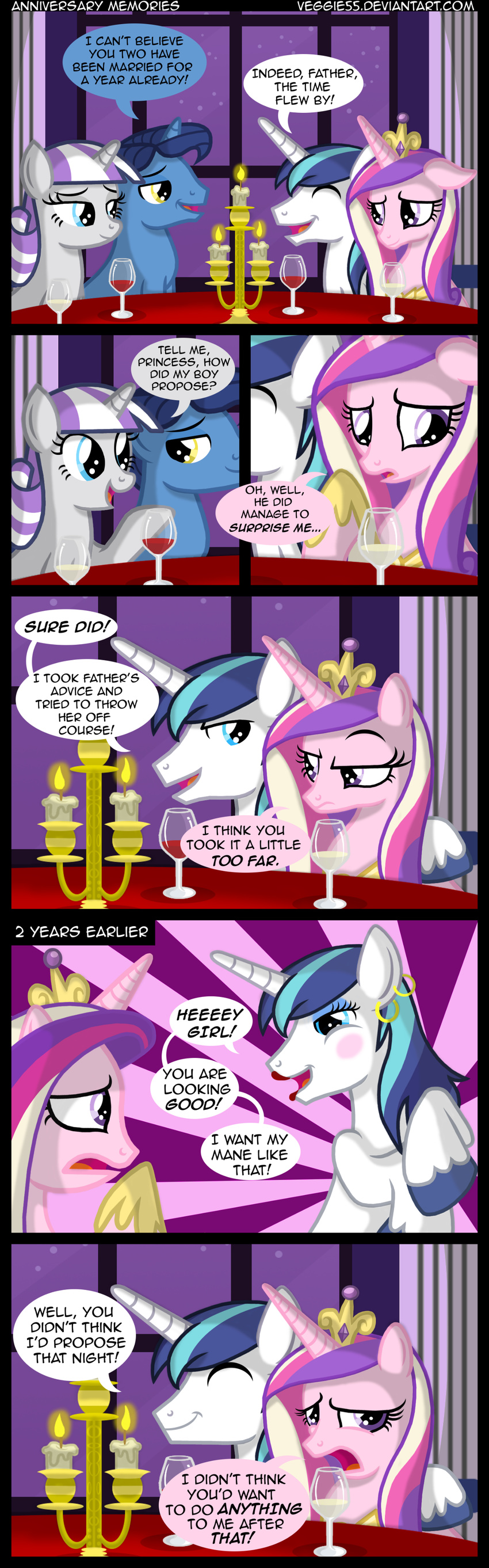 alcohol beverage blue_eyes blue_hair blush candle comic crescent_(mlp) crossdressing crown equine eyeshadow female feral friendship_is_magic glass gold hair horn horse lipstick makeup mammal multi-colored_hair my_little_pony piercing pony princess_cadance_(mlp) purple_eyes red_wine shining_armor_(mlp) star_sparkle_(mlp) twilight_velvet_(mlp) unicorn veggie55 white_wine wine winged_unicorn wings yellow_eyes