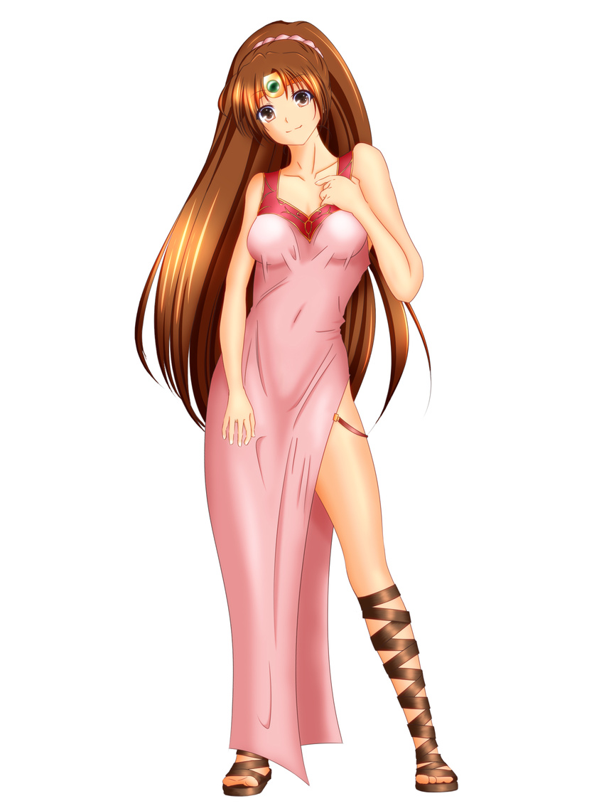 breasts brown_eyes brown_hair colorized covered_navel cross-laced_footwear fire_emblem fire_emblem:_monshou_no_nazo highres kiryu_(1003) linda_(fire_emblem) long_hair medium_breasts sandals simple_background smile solo very_long_hair white_background