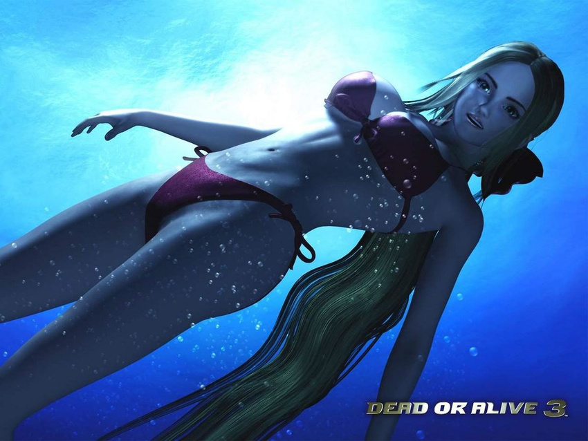 1girl 3d bikini bow breasts dead_or_alive dead_or_alive_3 hair_bow hair_ornament helena_douglas large_breasts long_hair navel side-tie_bikini solo submerged swimming swimsuit tecmo underwater water