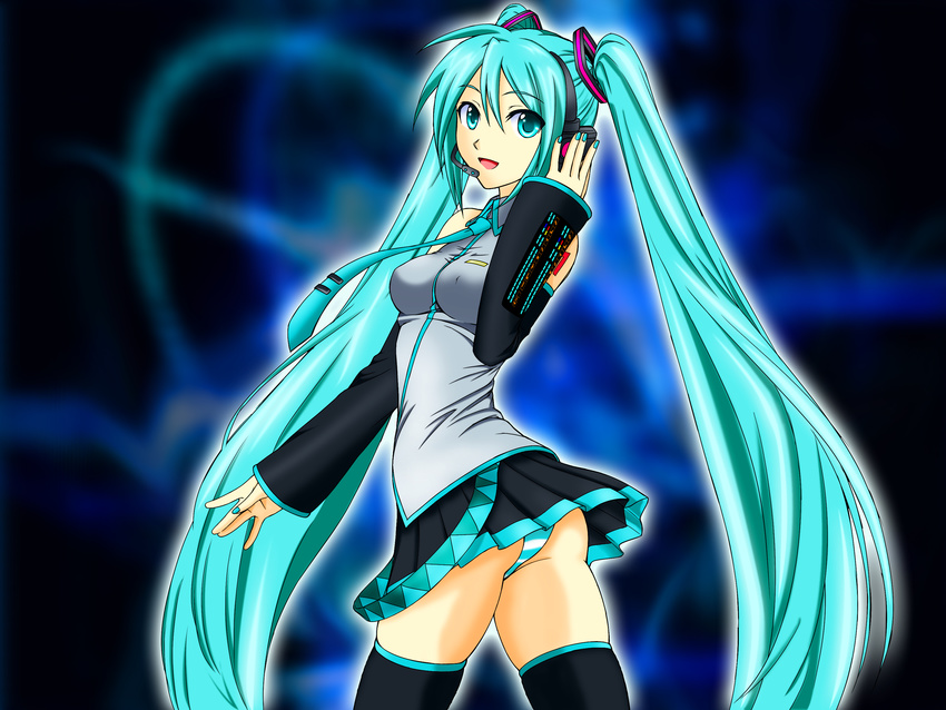 absurdres ass colorized green_eyes green_hair hatsune_miku highres kiryu_(1003) long_hair panties pantyshot skirt solo striped striped_panties thighhighs twintails twisted_torso underwear vocaloid