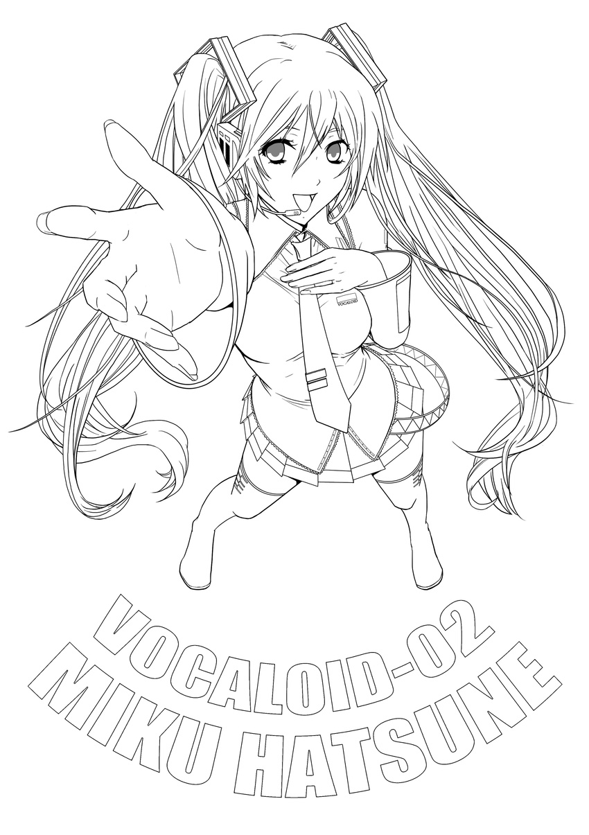 absurdres character_name copyright_name detached_sleeves greyscale hatsune_miku highres kzchoco lineart long_hair looking_at_viewer monochrome necktie open_mouth skirt smile solo thighhighs twintails very_long_hair vocaloid