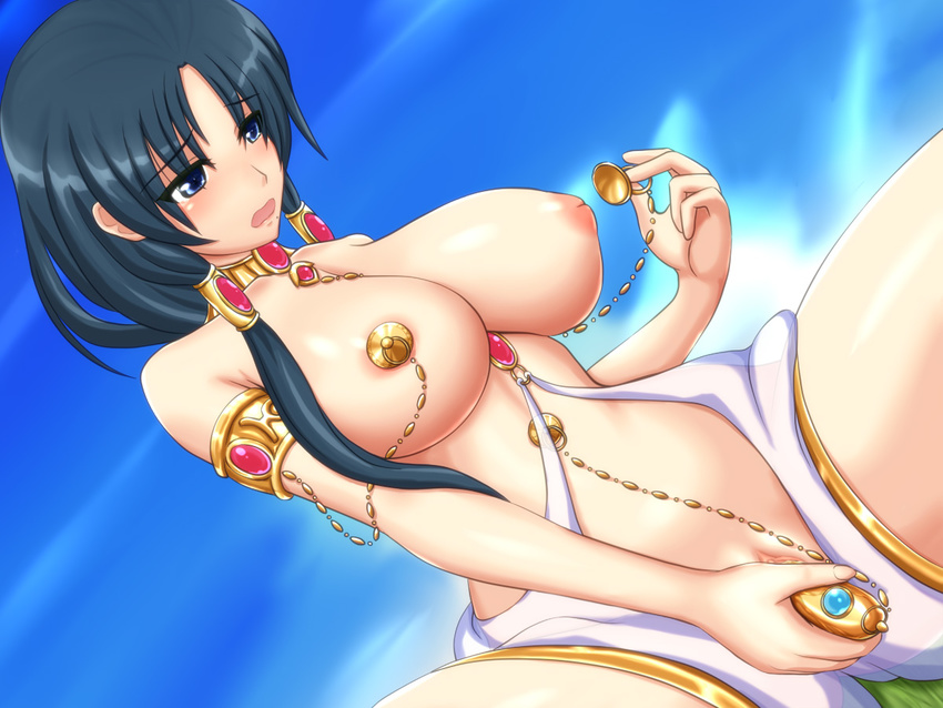 armlet black_hair blue_eyes blush breasts choker clitoris cosplay day dildo hair_tubes hiro_(hankakudouga) inverted_nipples large_breasts long_hair magi_the_labyrinth_of_magic masturbation mole mole_under_mouth nipples object_insertion open_mouth paimon paimon_(cosplay) pasties pussy pussy_juice ren_hakuei sitting sky solo vaginal vaginal_object_insertion