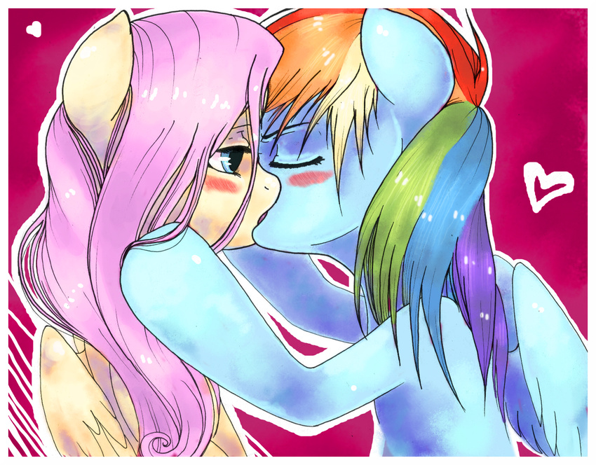 blush equine female feral flutterdashwhore fluttershy_(mlp) french_kiss french_kissing friendship_is_magic kissing lesbian mammal my_little_pony pegasus rainbow_dash_(mlp) wings