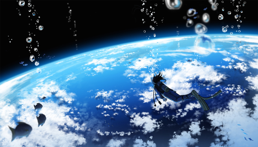 amemura_(caramelo) bubble cloud earth fish flippers horizon original scenery scuba short_hair solo space surreal swimming underwater water wetsuit