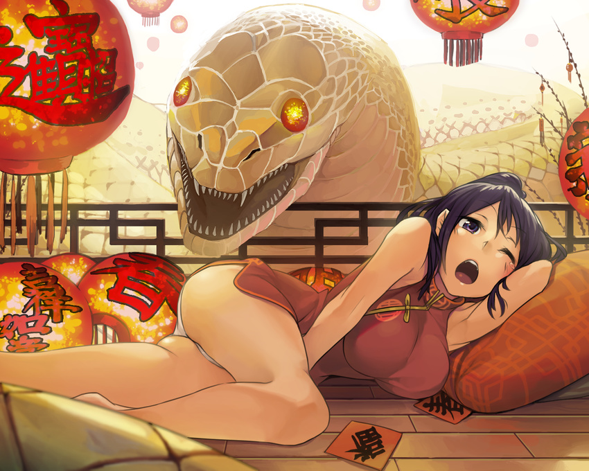 armpits breasts china_dress chinese_clothes dress giant_snake glowing glowing_eyes lantern large_breasts lying on_side one_eye_closed open_mouth original panties paper_lantern ponytail purple_eyes purple_hair rai32019 snake solo tears teeth underwear white_snake yawning