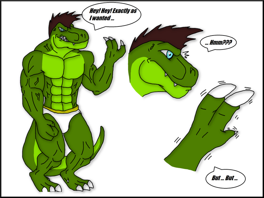 abs biceps comic dinosaur english_text flexing male maxime-jeanne muscles pecs reptile scalie sequence text theropod topless transformation tyrannosaurus_rex underwear