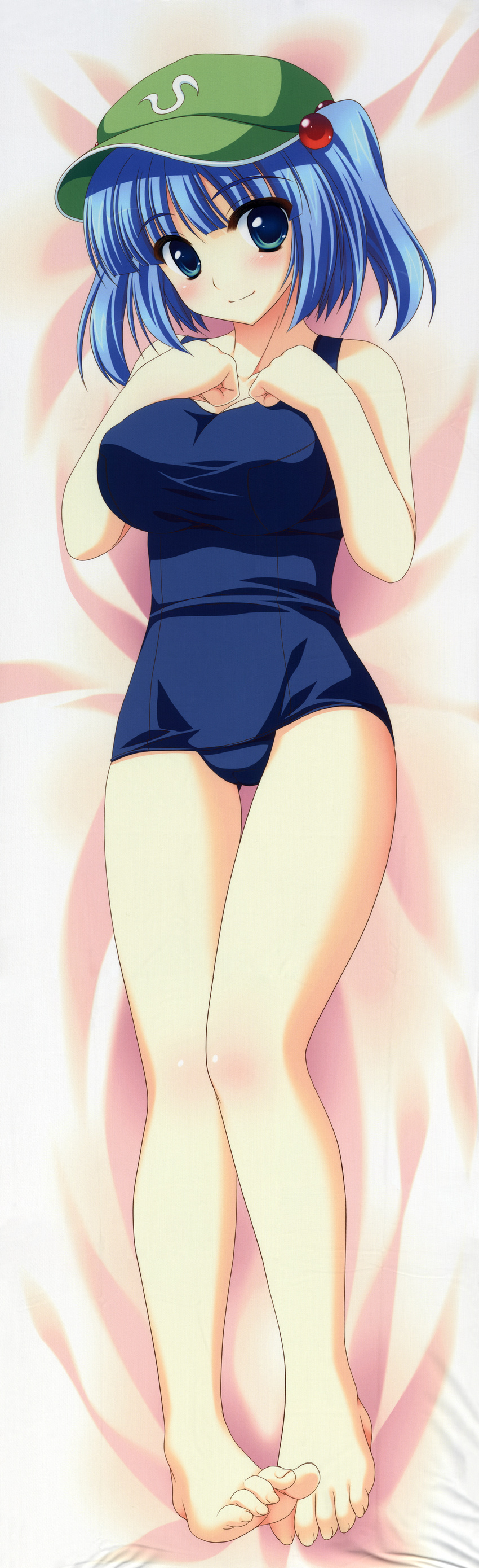 1girl absurdres barefoot blue_eyes blue_hair dakimakura feet feet_together female hair_bobbles hair_ornament hat highres kawashiro_nitori legs long_image naturalton one-piece_swimsuit sample school_swimsuit short_hair smile swimsuit tall_image toes touhou twintails