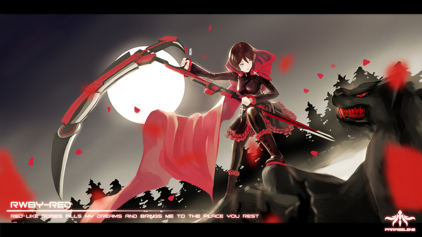 beowolf boots brown_hair cape character_name copyright_name crescent_rose cross english forest full_moon grimm highres letterboxed lyrics monster moon nature pantyhose petals red_eyes rose_petals ruby_rose rwby scythe shell_casing short_hair skirt thtc12345_(artist) tree weapon wolf