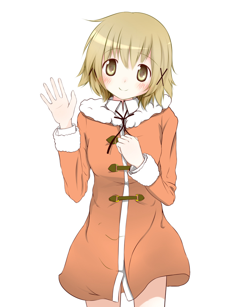 blush brown_eyes brown_hair coat cowboy_shot hair_ornament hairpin hidamari_sketch highres kokonoko_to_cream looking_at_viewer ribbon short_hair simple_background smile solo standing waving white_background x_hair_ornament yuno