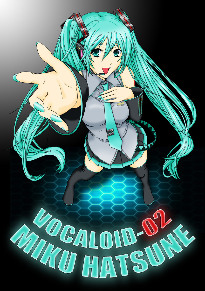 absurdres breasts character_name colorized copyright_name detached_sleeves green_eyes green_hair hatsune_miku highres kiryu_(1003) long_hair looking_at_viewer medium_breasts necktie open_mouth skirt smile solo thighhighs twintails very_long_hair vocaloid