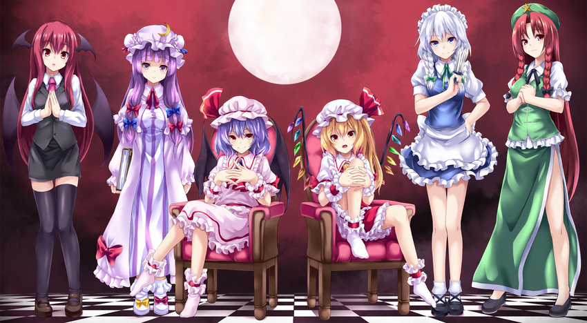 :o ankle_cuffs apron asu_hare bad_id bad_pixiv_id bat_wings beret blonde_hair blue_eyes blush book bow bowtie braid chair checkered checkered_floor china_dress chinese_clothes clenched_hand crescent crossed_legs demon_girl dress flandre_scarlet frilled_dress frilled_skirt frills full_moon hair_bow hair_ribbon hands_together hat hat_ornament hat_ribbon head_wings highres hong_meiling izayoi_sakuya knife koakuma long_hair maid maid_headdress mismatched_footwear moon multiple_girls necktie no_shoes patchouli_knowledge purple_eyes purple_hair red_eyes red_hair remilia_scarlet ribbon robe short_hair siblings side_braid side_slit silver_hair sisters sitting skirt smile socks star the_embodiment_of_scarlet_devil thighhighs touhou twin_braids vest waist_apron wings wrist_cuffs zettai_ryouiki