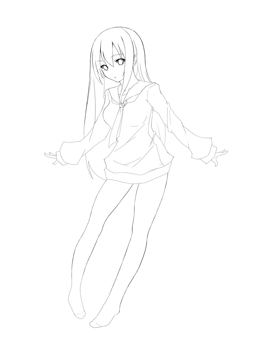 absurdres greyscale highres kagerou_(shadowmage) lineart long_hair monochrome original pantyhose solo very_long_hair