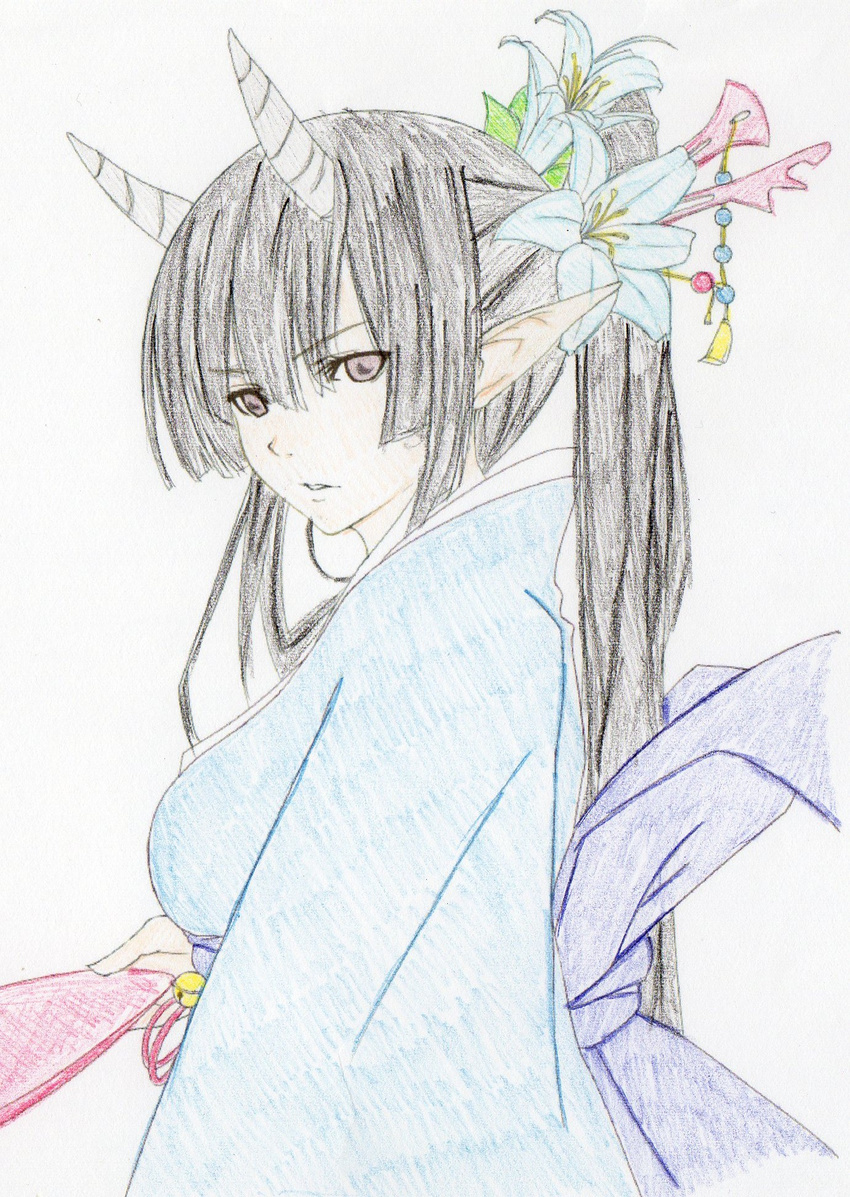 alice-star black_hair breasts colorized flower hair_flower hair_ornament highres horns long_hair medium_breasts original pointy_ears simple_background solo traditional_media