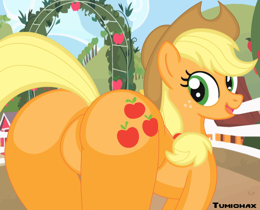 amber_fur apple applejack_(mlp) barn beauty_mark big_butt blonde_hair butt cowboy_hat cutie_mark equine farm female fence freckles friendship_is_magic fruit green_eyes hair hat horse landscape looking_at_viewer looking_back mammal my_little_pony pony presenting presenting_hindquarters smile tree tumiohax wood