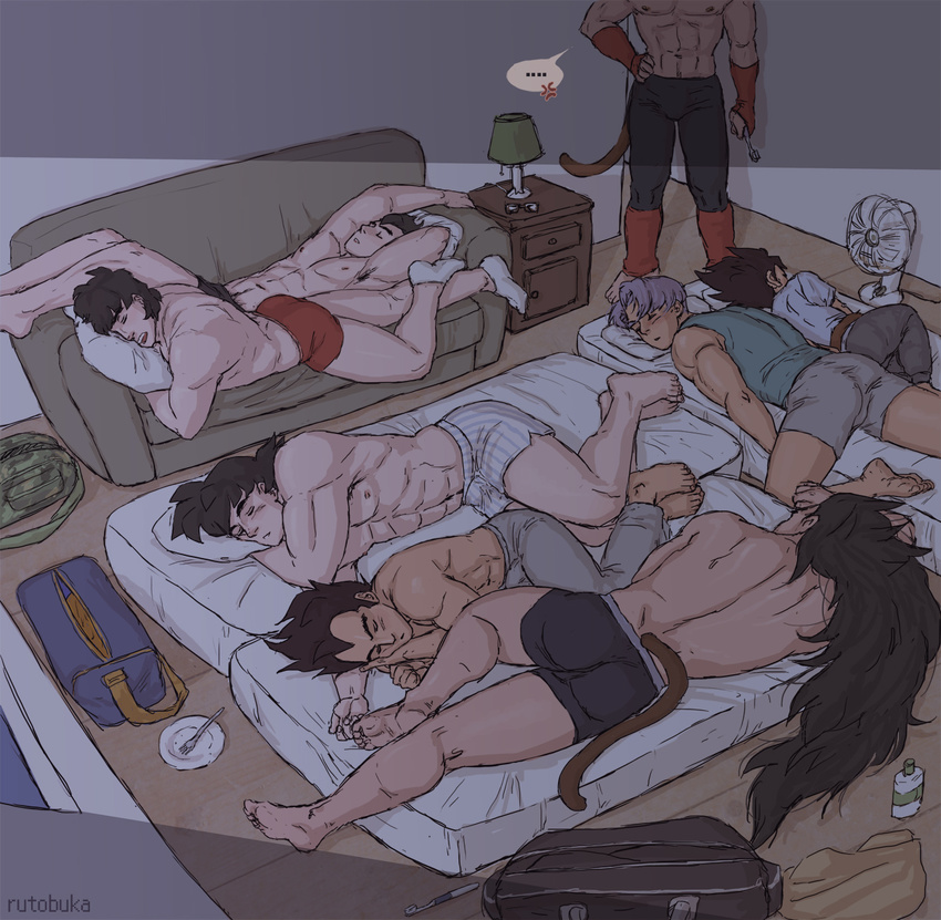 6+boys alien bag bardock black_hair character_request couch dragon_ball dragonball_z fan highres long_hair male male_focus multiple_boys muscle plate purple_hair raditz rutobuka sleeping son_gohan son_gokuu son_goten tail tarble toothbrush topless trunks_(dragon_ball) trunks_briefs underwear vegeta