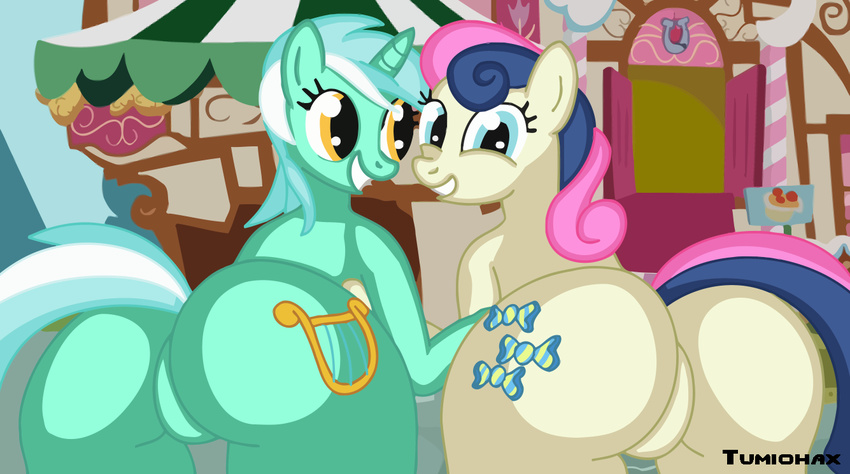 big_butt blue_eyes bonbon_(mlp) butt cutie_mark duo equine female friendship_is_magic fur green_fur hair horn horse landscape looking_at_viewer looking_back lyra_(mlp) lyra_heartstrings_(mlp) mammal my_little_pony pony presenting presenting_hindquarters smile tan_fur tumiohax two_tone_hair unicorn yellow_eyes