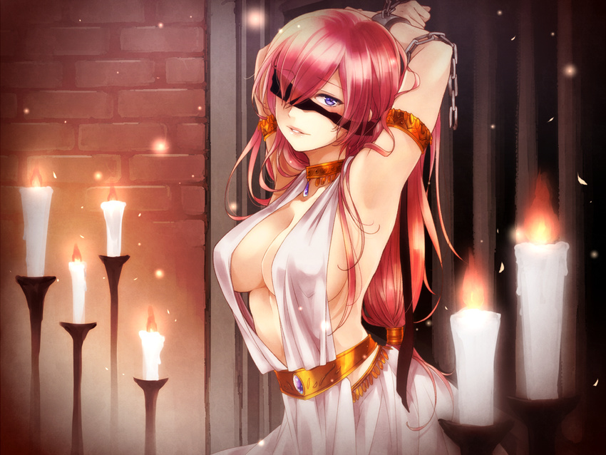 armlet armpits bdsm blindfold blindfold_down blindfold_slip blue_eyes bondage bound bound_arms breasts candle center_opening chain cleavage dress dungeon jewelry jyuru large_breasts long_hair looking_at_viewer megurine_luka necklace one_eye_covered pink_hair sideboob smile solo strap_gap vocaloid white_dress