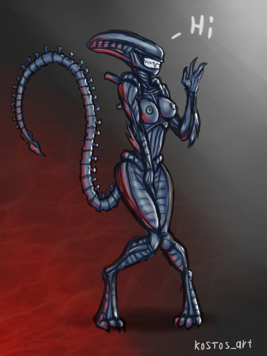 alien_(franchise) breasts english_text female kostos_art nipples nude shy smile solo standing teeth text xenomorph