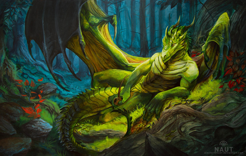 alectorfencer anthro biceps dragon forest green_skin horn invalid_color looking_at_viewer lying male muscles naut nude pecs pipe pose rocks scales scalie scenery solo spines tree wings