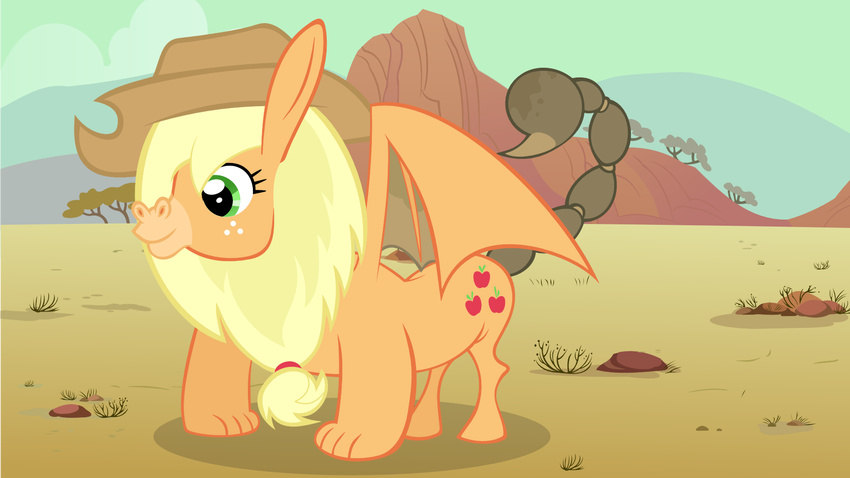 adcoon applejack_(mlp) blonde_hair cowboy_hat cutie_mark donkey equine female feral freckles friendship_is_magic fur green_eyes hair hat hybrid mammal manticore my_little_pony orange_fur outside sky tree what wings wood