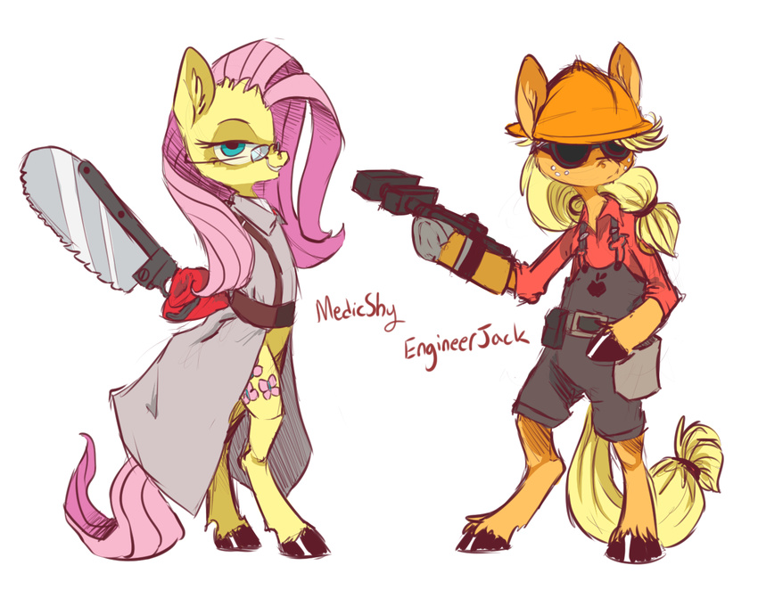 8-xenon-8 applejack_(mlp) blonde_hair bone_saw bonesaw clothed clothing cutie_mark engineer engineer_(team_fortress_2) english_text equine eyewear female fluttershy_(mlp) freckles friendship_is_magic fur glasses goggles green_eyes hair hard_hat hat helmet horse knife long_hair mammal medic medic_(team_fortress_2) my_little_pony pegasus pink_hair plain_background pony team_fortress_2 text video_games weapon white_background wings wrench yellow_fur