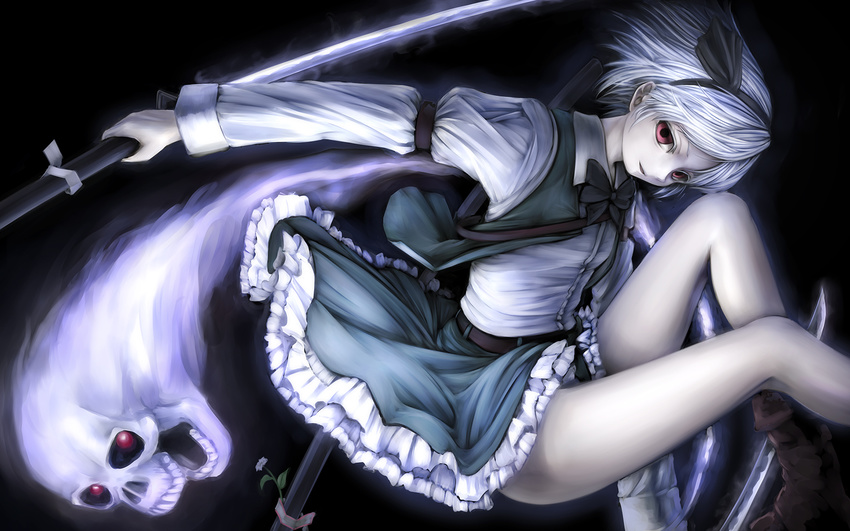 alternate_eye_color bare_legs belt black_hairband boots hair_ribbon hairband highres hitodama katana konpaku_youmu konpaku_youmu_(ghost) nishi_masakazu open_mouth orange_eyes red_eyes reverse_grip ribbon sheath short_hair silver_hair skirt skull smile solo sword touhou vest weapon