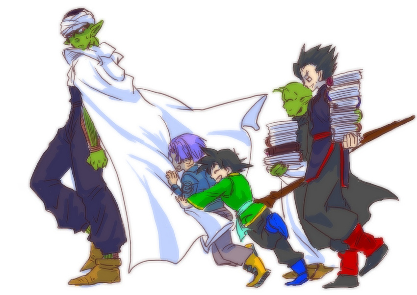 5boys alien black_hair blue_shoes book boots brother brothers cape dende dragon_ball dragonball_z green_skin male male_focus monster_boy multiple_boys namekian piccolo purple_hair running sash shoes shueisha siblings simple_background son_gohan son_goten staff trunks_(dragon_ball) trunks_briefs walking yellow_shoes younger