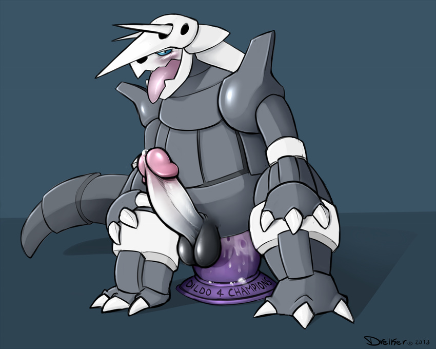 aggron anal anal_penetration armor balls big_dildo big_penis blue_eyes blush claws cum cum_in_ass cum_inside dildo dreiker erection feral horn insertion large_insertion looking_at_viewer male nintendo open_mouth penetration penis pok&#233;mon pok&eacute;mon precum ridiculous_fit sex_toy solo tongue tongue_out video_games