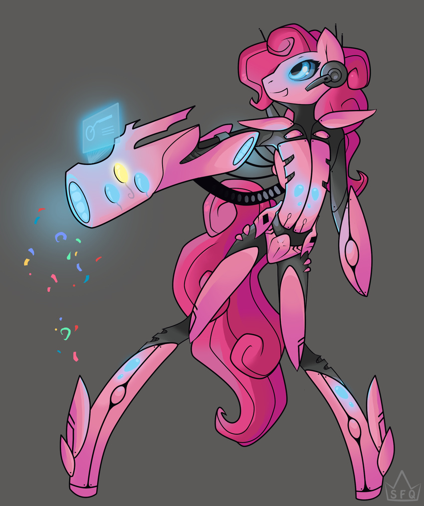 android anthro anthrofied blue_eyes blue_glow confetti curly_hair equine female friendship_is_magic glowing glowing_eyes grey_background hair hi_res horse long_hair mammal my_little_pony party_cannon pink_body pink_hair pinkie_pie_(mlp) plain_background pony ranged_weapon smile solo standing stickfigurequeen weapon