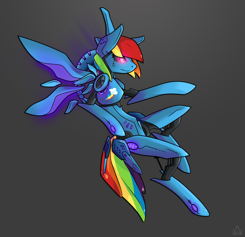 android anthro anthrofied blue_body equine female friendship_is_magic glowing glowing_eyes grey_background hair hi_res horse mammal multi-colored_hair my_little_pony pegasus pink_eyes pink_glow plain_background pony rainbow_dash_(mlp) rainbow_hair smile solo stickfigurequeen violet_glow wings