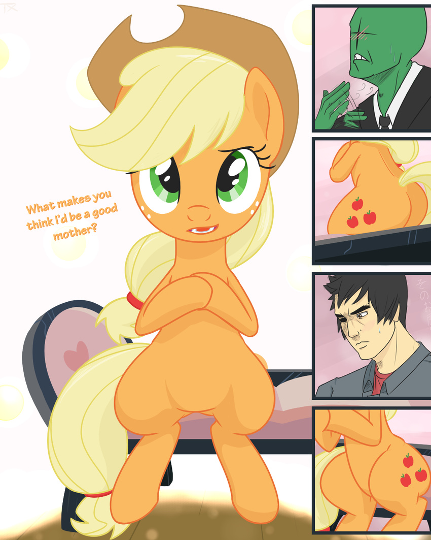 2013 anonymous applejack_(mlp) bench black_hair blonde_hair blush butt cowboy_hat cutie_mark dialog english_text equine female freckles friendship_is_magic green_eyes hair hat horse human male my_little_pony necktie pony suit text txlegionnaire wide_hips