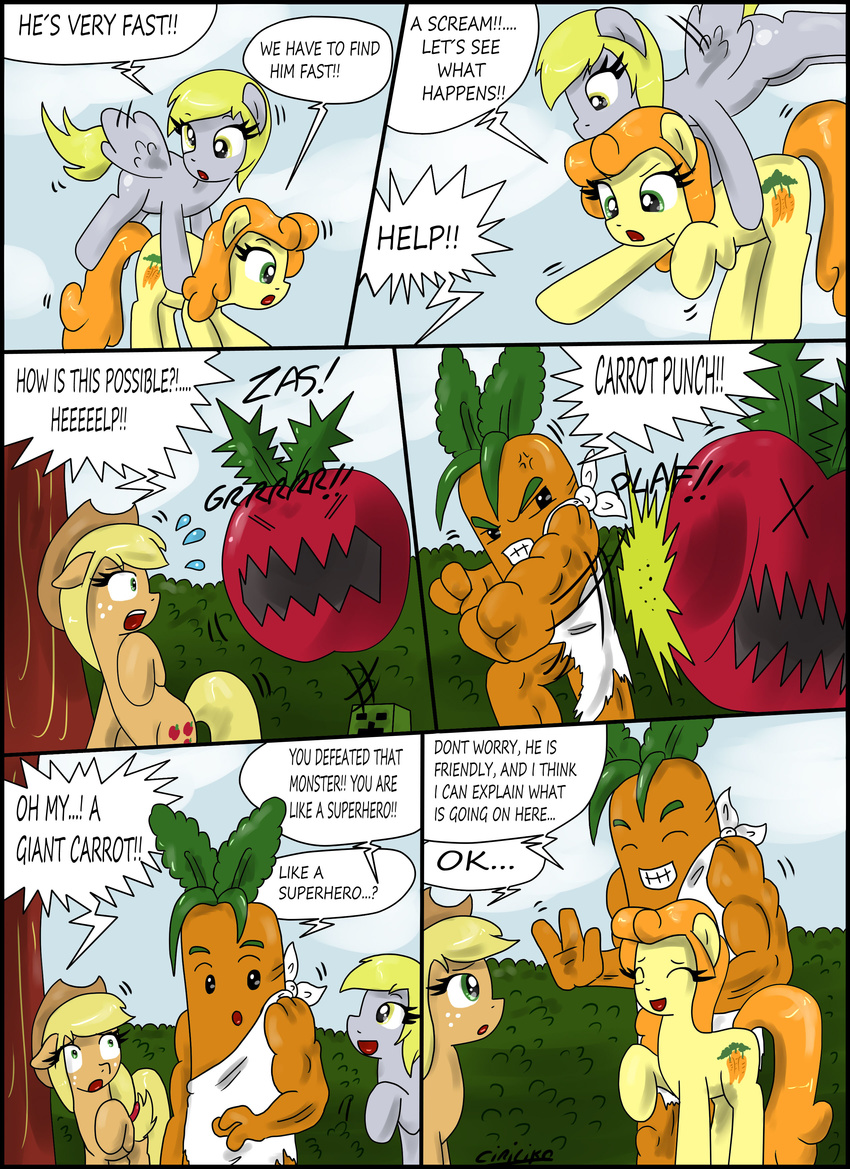 anthro applejack_(mlp) blonde_hair bush carrot carrot_top_(mlp) ciriliko comic cowboy_hat creeper cutie_mark derpy_hooves_(mlp) dialog english_text equine female feral flying freckles friendship_is_magic hair hat horse mammal minecraft my_little_pony orange_hair outside pegasus pony punch text toga tomato tree video_games wings yellow_eyes