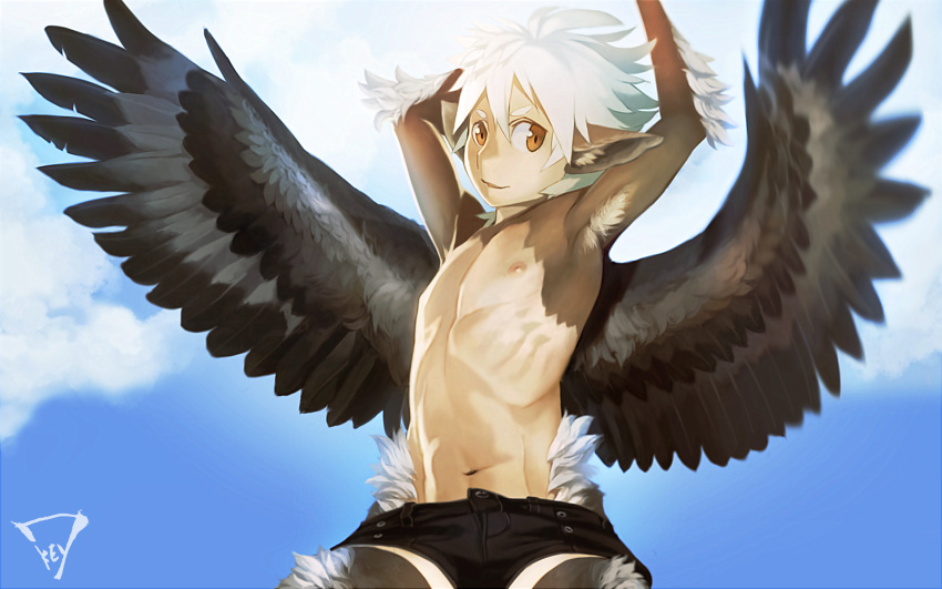 2017 animal_humanoid armpit_hair avian avian_humanoid brown_eyes clothed clothing front_view hair hand_behind_head humanoid kiske_7key male navel nipples shorts signature sky solo topless white_hair wings young