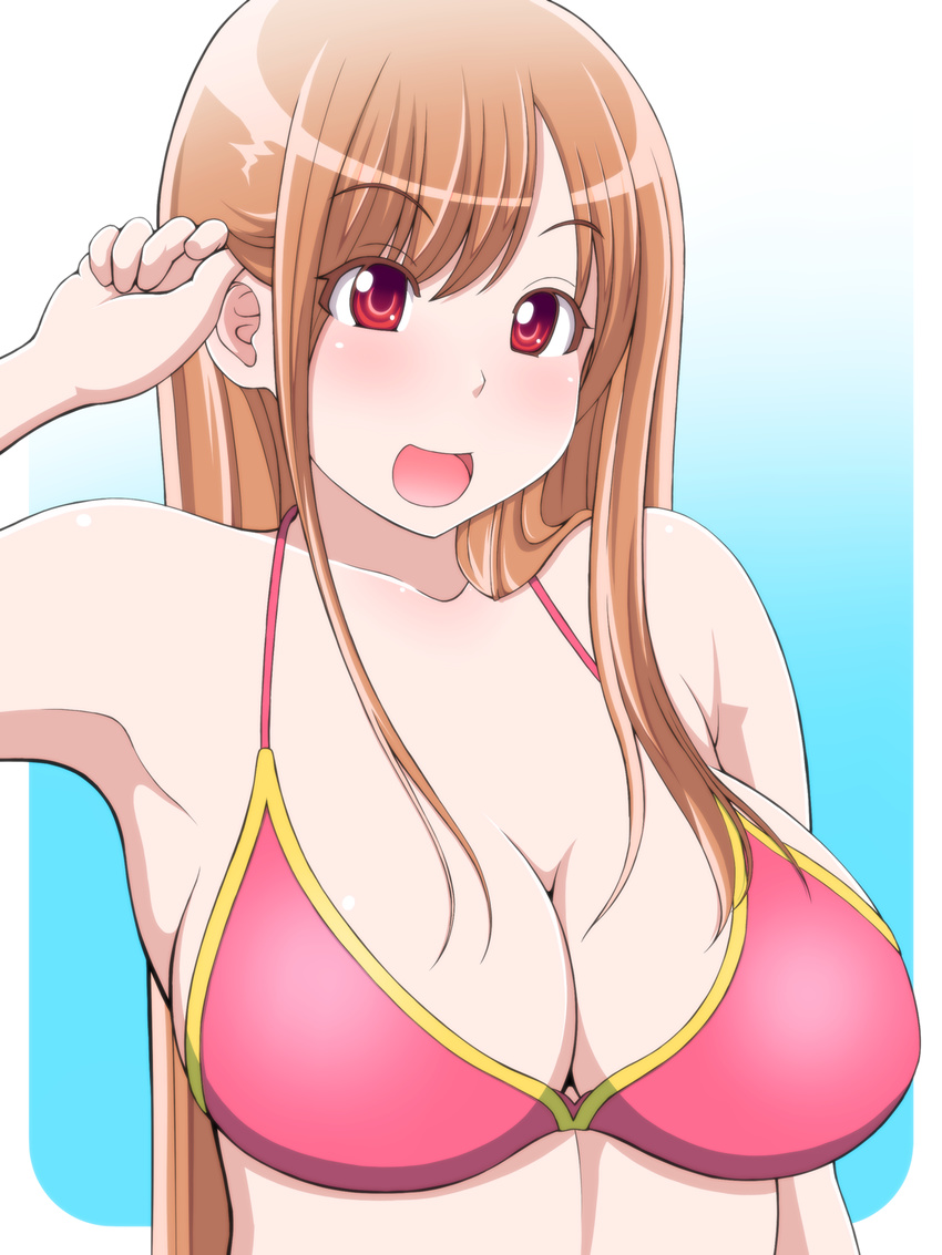 1girl :d banefan bikini blush breasts brown_hair bust female highres long_hair looking_at_viewer open_mouth original red_eyes smile solo swimsuit upper_body