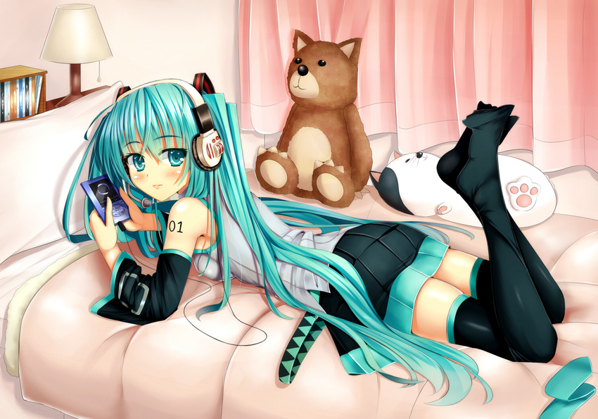 aqua_eyes aqua_hair bed cafeore curtains detached_sleeves digital_media_player hatsune_miku headphones lamp long_hair lying on_stomach skirt solo stuffed_animal stuffed_toy thighhighs twintails very_long_hair vocaloid