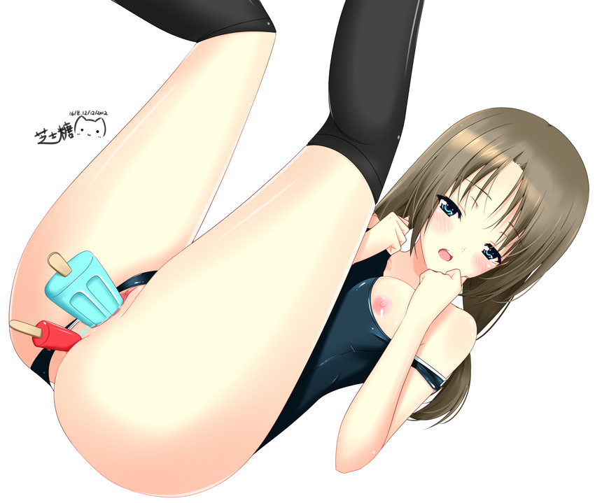 1girl absurdres anal anal_insertion anal_object_insertion blue_eyes blush breasts brown_hair clitoris female highres insertion long_hair looking_at_viewer lying nipples object_insertion on_back one-piece_swimsuit popsicle ppshex pussy solo swimsuit thighhighs uncensored vaginal vaginal_insertion vaginal_object_insertion