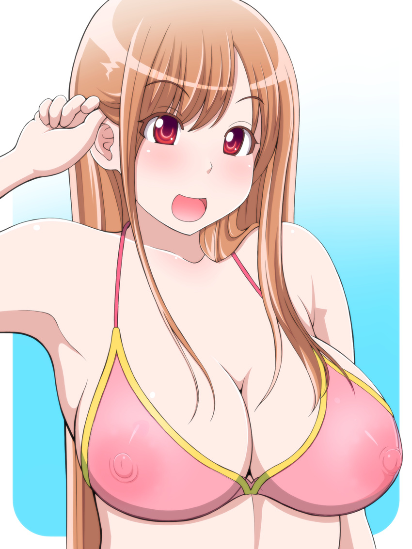 1girl :d banefan bikini blush breasts brown_hair bust female highres long_hair looking_at_viewer nipples open_mouth original photoshop red_eyes see-through smile solo swimsuit upper_body